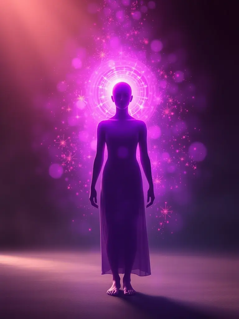 Silhueta de pessoa com aura energética rosa e roxa vibrante representando a cura e transformação com Aura Master