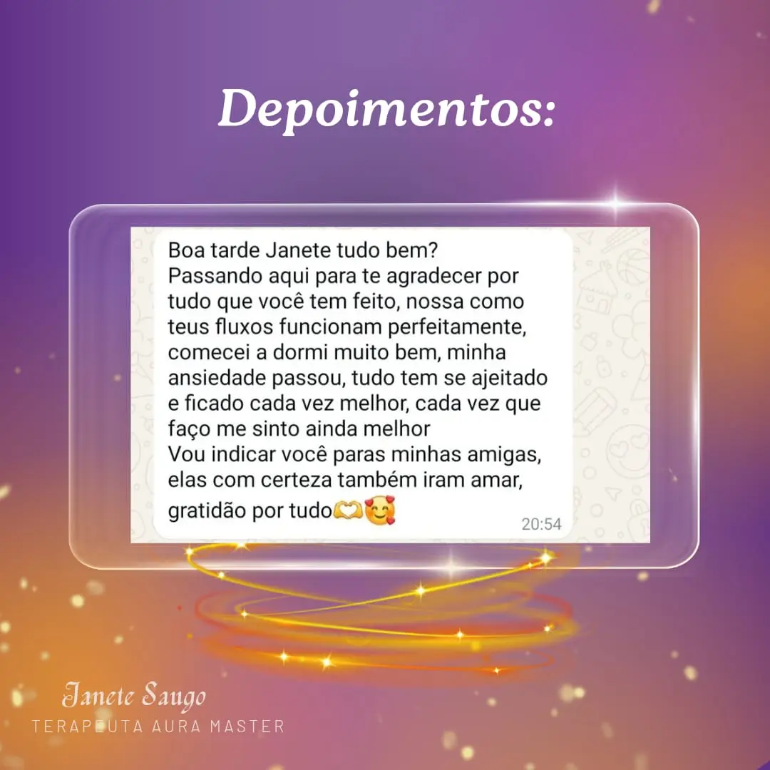Print de depoimento positivo whatsapp sobre a Terapia Aura Master por Janete Saugo